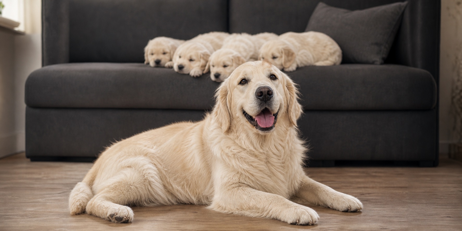 英国ゴールデンレトリバーと子犬たち